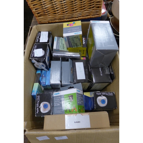 2098 - Box of approx. 25 boxed household electrical items, guitar and bag of mixed batteries