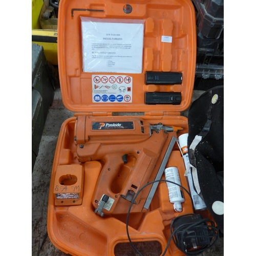 2102 - Cordless Paslode IM350/90CT nail gun complete with charger, two batteries, 4 boxes of collated nails... 