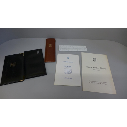 622 - A Rolls-Royce slide rule in leather case, as new, two Rolls-Royce leather note pads, a funeral servi... 