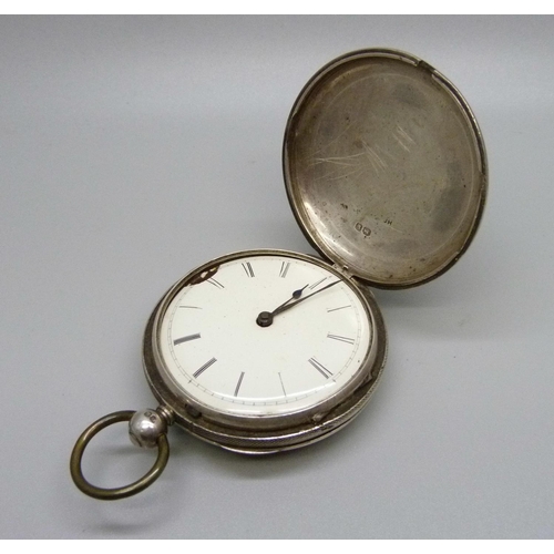 968 - A silver full hunter verge fusee pocket watch, dial a/f, lacking glass