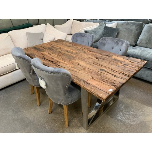 1342 - A Chennai 180cm dining table with a set of four Arlo grey velvet button back and studded dining chai... 