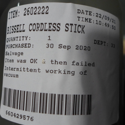 3241 - Bissell Cordless Stick Vacuum Cleaner- No Battery (278-143)  * This lot is subject to vat