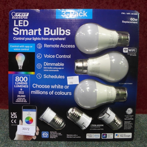 3072 - Feit LED Smart A60 Bulb  3 pack Wi-Fi *This lot is subject to VAT