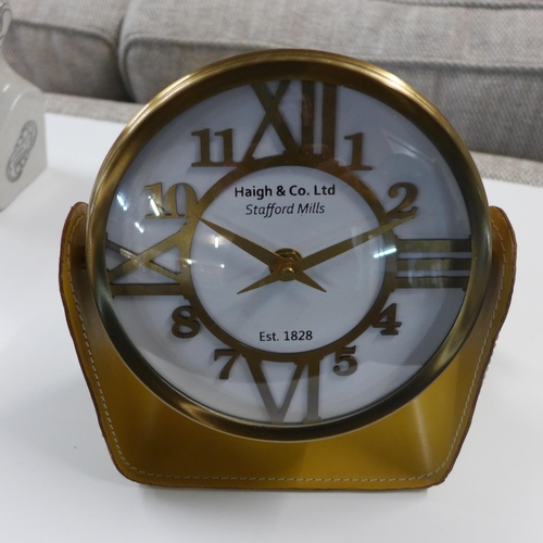 1380 - A tan leather and brass mantel clock (7522331)   #