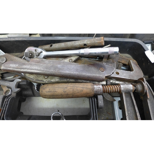 2012 - Vinyl tool tray containing approx. 50-60 vintage spanners, hammers and wrenches