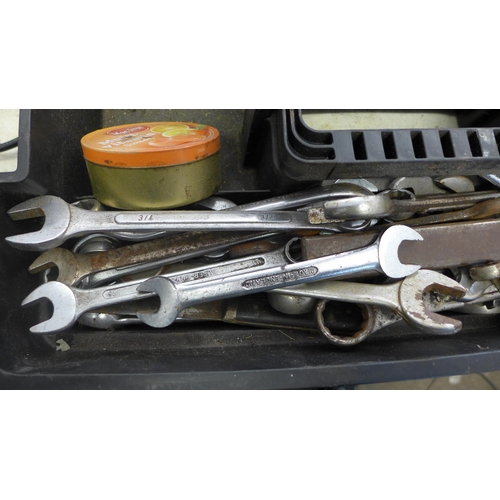 2012 - Vinyl tool tray containing approx. 50-60 vintage spanners, hammers and wrenches