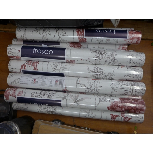 2059 - 12 Rolls of Graham and Brown red-grey floral sketch wallpaper, all sealed and same batch, (£23/roll ... 