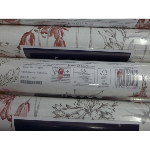 2059 - 12 Rolls of Graham and Brown red-grey floral sketch wallpaper, all sealed and same batch, (£23/roll ... 