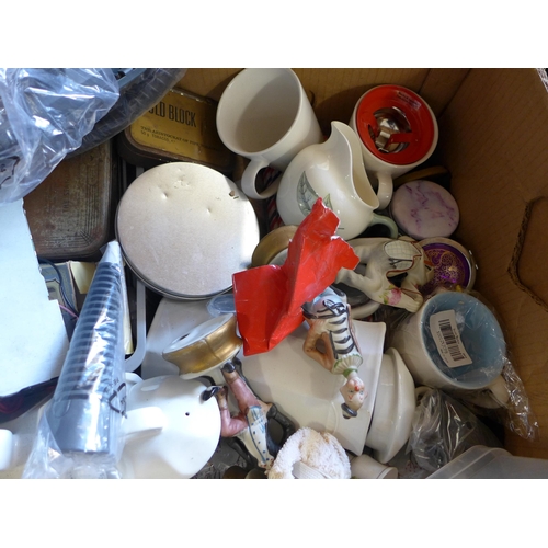 2115 - Box of assorted household items: mixed ceramics, car radio, shoes, hand steamer, etc.