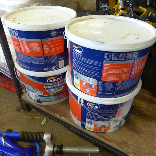 2128 - Four 10ltr tubs of Dulux Weathershield exterior paint; one grey, three white