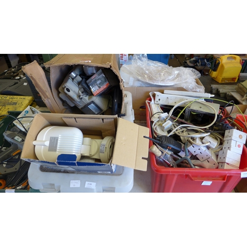 2137 - Box of assorted electricals: batteries, game controllers, extension leads and assorted cables