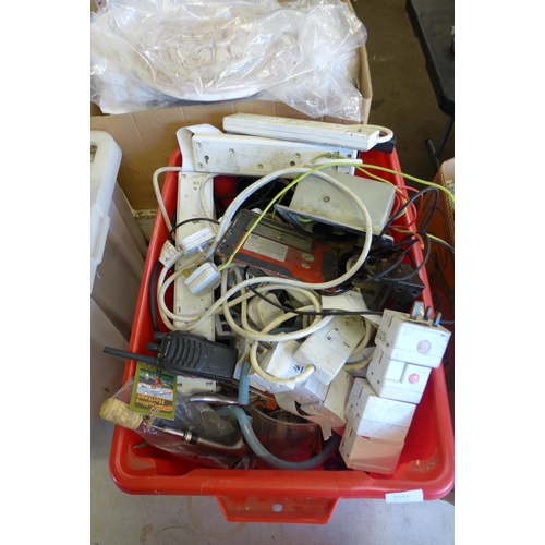 2137 - Box of assorted electricals: batteries, game controllers, extension leads and assorted cables