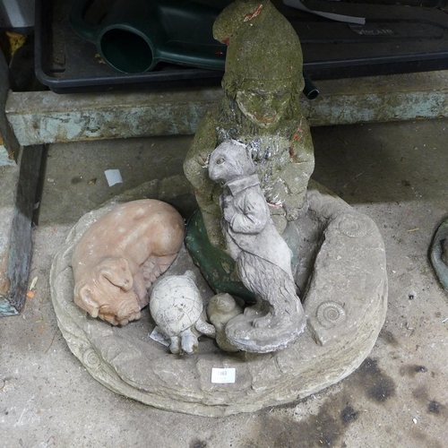 2363 - Qty. of stone garden ornaments: bird bath, gnome, Peter Rabbit, pig and tortoise