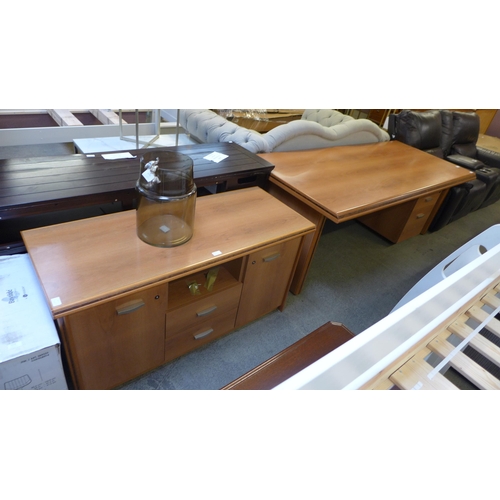 1575 - A wood effect desk, small locking chest and TV/media unit