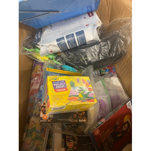 2070 - Box of household items inc. boxed mothercare steriliser, DVDs & tapestry art, paint and makeup kit