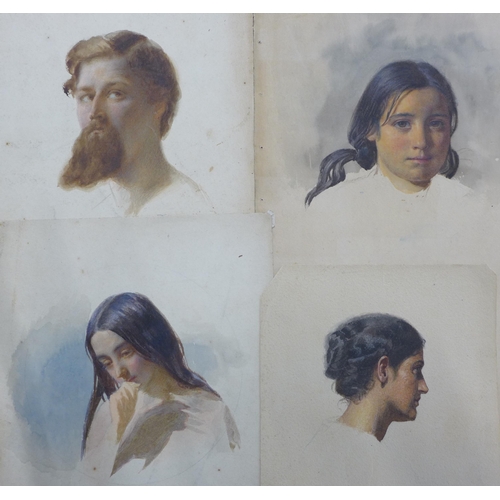 12 - Four Slade School portraits, one resembling Augustus John, watercolours, various sizes, largest 30 x... 