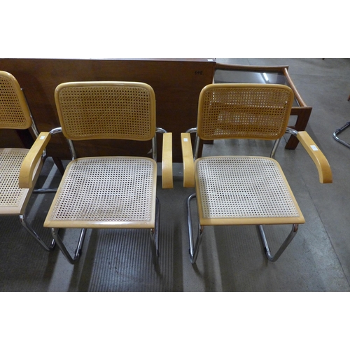 135 - A pair of Italian Marcel Breuer style chrome and beech cantilever armchairs