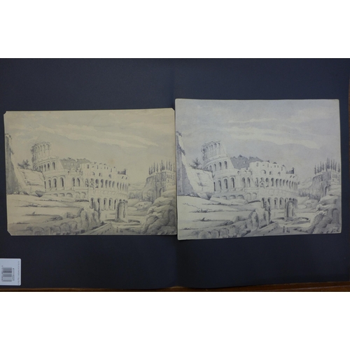 14 - Rome circa 1800, pair of watercolours, Italy Colosseum and Roman Forum, unsigned 20 x 28cm