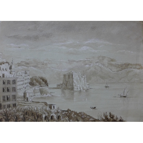 15 - 18th Century View of Naples, Italy, Napoli, watercolour, initialled C.M.B., 25 x 28cm