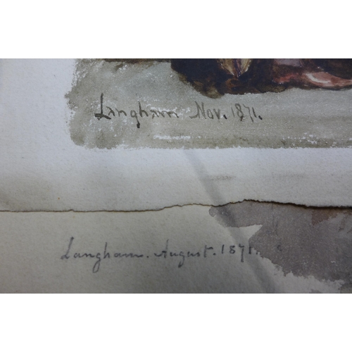 18 - Two watercolours, signed Langham, dated 1871, largest 25 x 21cm