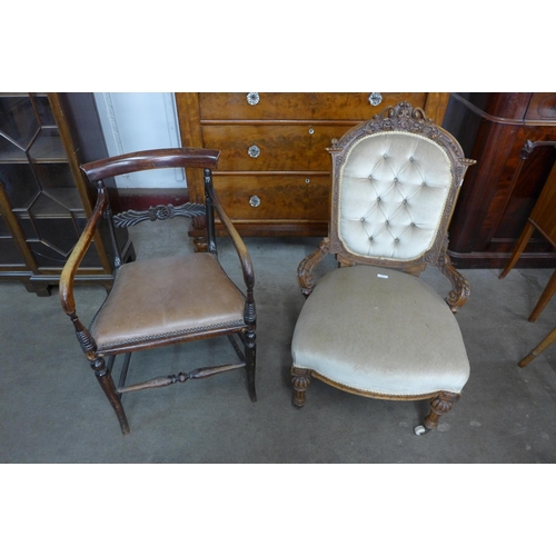 180 - A Victorian carved walnut and fabric upholstered lady's chair and a Victorian simulated rosewood car... 