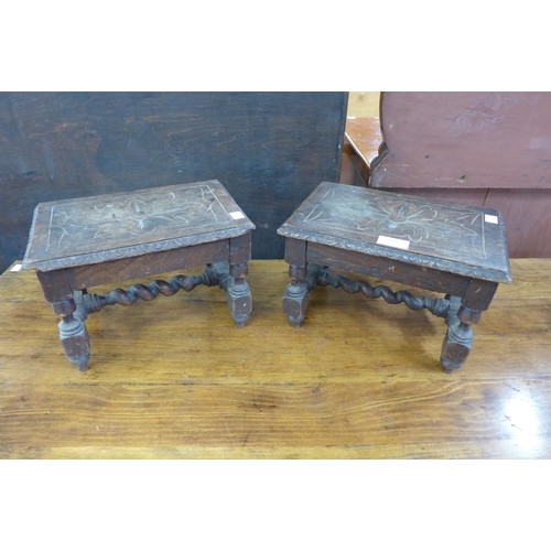 212 - A pair of small Victorian carved oak barleytwist stools