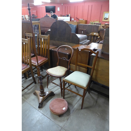 275 - Two Edward VII mahogany bedroom chairs, a Victorian mahogany pole screen pole and a stool