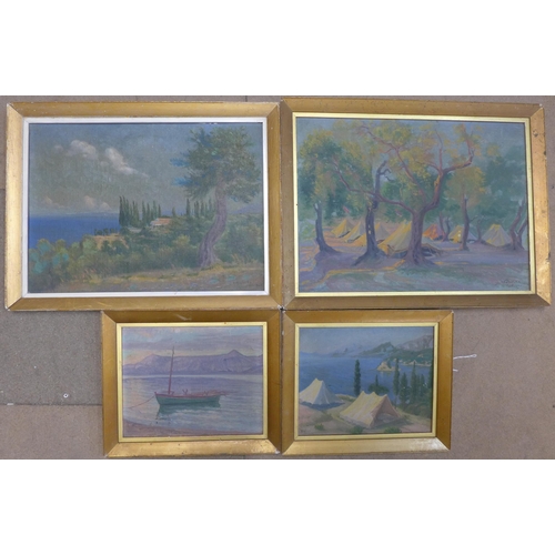 28 - Corfu, Greece, four oils on canvas, dated 1924, indistinctly signed, all by same hand, largest 42 x ... 