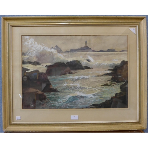 29 - Jersey, Channel Islands, 1956, gouache and watercolour, Seascape and Lighthouse, indistinctly signed... 