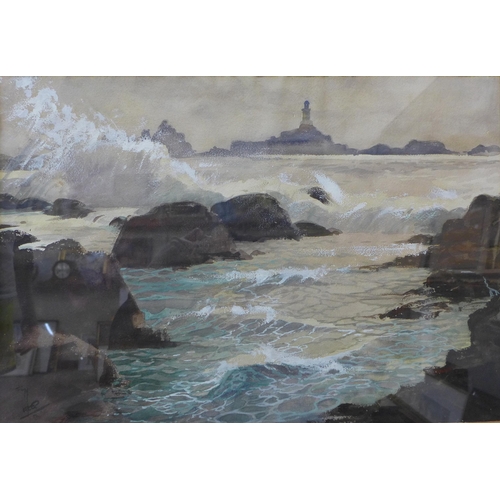 29 - Jersey, Channel Islands, 1956, gouache and watercolour, Seascape and Lighthouse, indistinctly signed... 