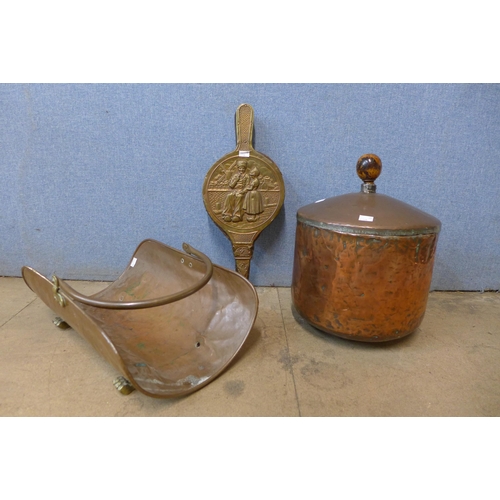 326 - A Victorian copper log bin, log basket, and a small set of brass fire bellows