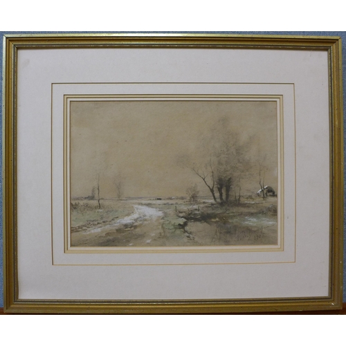 33 - Dutch School, winter landscape, watercolour, indistinctly signed and dated 1905, 25 x 35cms, framed