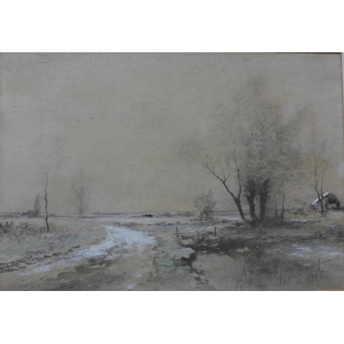 33 - Dutch School, winter landscape, watercolour, indistinctly signed and dated 1905, 25 x 35cms, framed