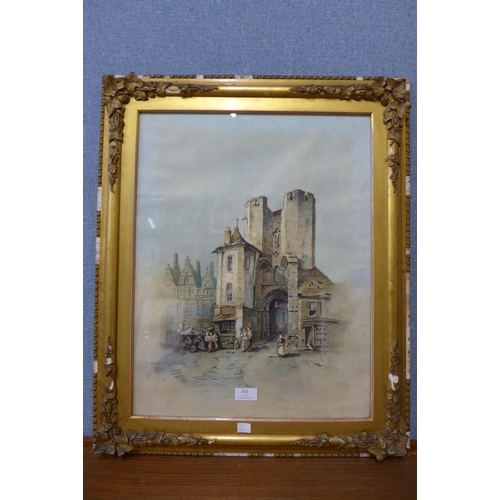 333 - Continental School, town scene with a church, watercolour, initialled H.B.B. and dated 1921, framed