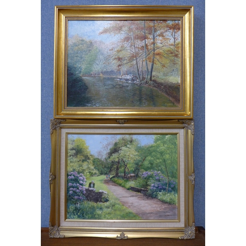 335 - Marjorie Start, two landscapes, oils on board, framed