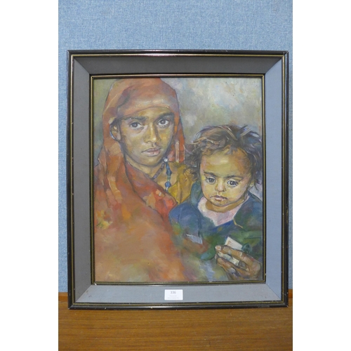 336 - Ranjith Perera, (Sri Lankan), portrait of mother and child, oil, framed