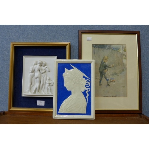 337A - A Lawson Wood print, classical style plaque and a porcelain plaque