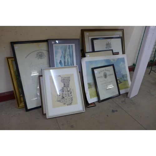 344 - An assortment of prints, certificates, etc.