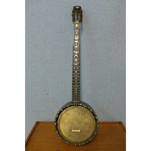 349 - A Victorian mother of pearl inlaid banjo in case