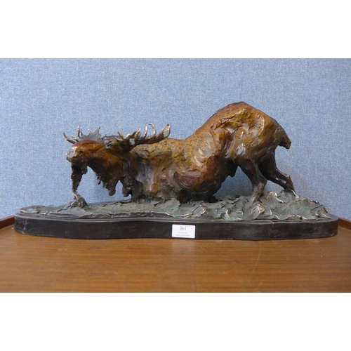 361 - A French style painted bronze figure of a moose, on black marble socle