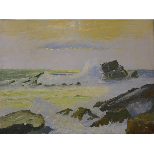 37 - Biagio Russo (Italian), coastal landscape, oil on canvas, 51 x 69cms, unframed