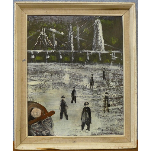 39 - Outsider School, Miners in a Snowstorm, oil on board, 49 x 39cms, framed