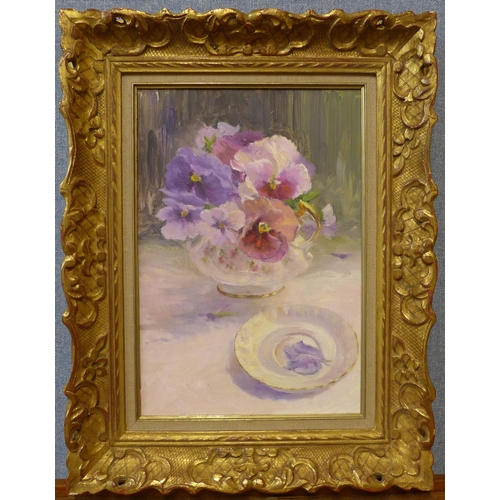 44 - French School, Impressionist style still life of flowers in a vase, oil on board, 37 x 25cms, framed