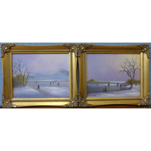 48 - Raymond Witchard, pair of winter landscapes with figures skating on a lake, oil on board, 19 x 24cms... 