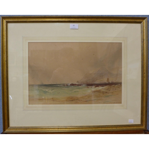 49 - English School, coastal landscape, watercolour, indistinctly signed, 29 x 43cms, framed