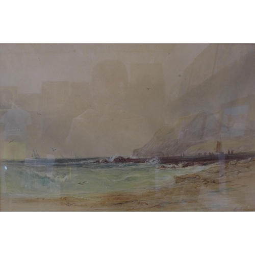 49 - English School, coastal landscape, watercolour, indistinctly signed, 29 x 43cms, framed