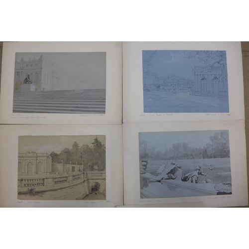 9 - Louis-Emile Adan 1839-1937, five Views of Versailles Palace, Paris, most signed and inscribed, large... 