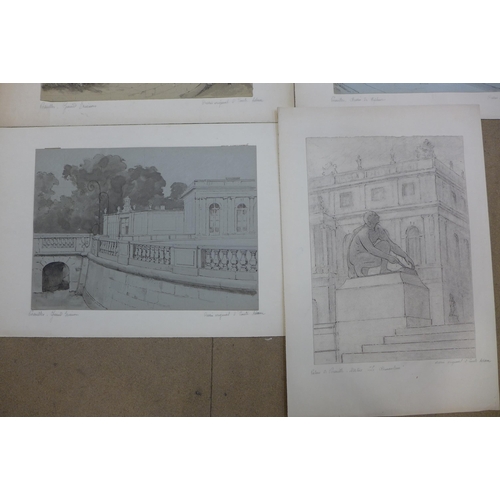 9 - Louis-Emile Adan 1839-1937, five Views of Versailles Palace, Paris, most signed and inscribed, large... 