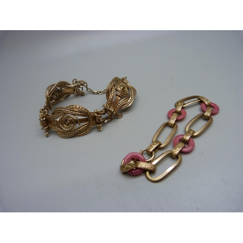 1004 - A rolled gold and coral bracelet and one other bracelet