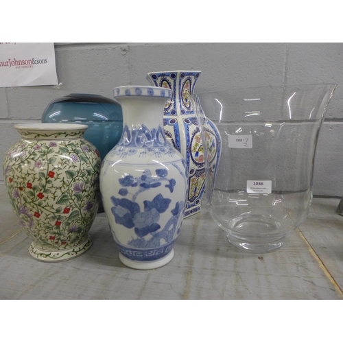 1036 - Five large vases including two glass **PLEASE NOTE THIS LOT IS NOT ELIGIBLE FOR POSTING AND PACKING*... 